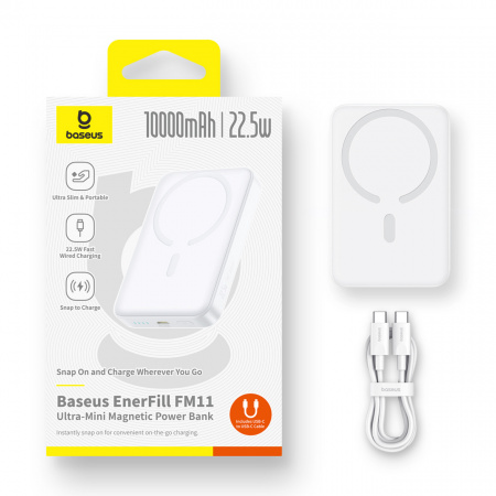Повербанк Baseus EnerFill FM11 Ultra-Mini Magnetic 10000mAh 22.5W Белый (в комплекте Type-C - Type-C кабель 30см) (P1008210E213-00)