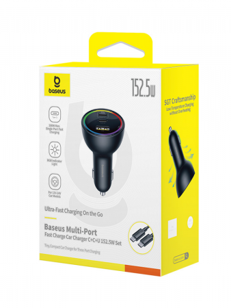 Автомобильное зарядное устройство Baseus Multi-Port Fast Charge Car Charger 2xType-C+USB 152.5W (кабель Type-C - Type-C 100W (20V/5A) 1м в комплекте) Чёрное (C00036101111-00)   Автомобильное зарядное устройство Baseus Multi-Port Fast Charge Car Charger 2xType-C+USB 152.5W (кабель Type-C - Type-C 100W (20V/5A) 1м в комплекте) Чёрное (C00036101111-00)