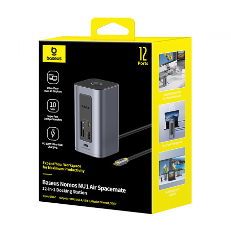 Док-станция 12-в-1 Baseus NU1 Air Spacemate  (USB-C to 2*HDMI 4K@60Hz+2*USB-C (10Gbps)+2*USB-A (5Gbps)+2*USB-A (480Mbps)+1*RJ45+SD/TF 3.0+1*USB-C (PD) Серый (B00568103813-00)