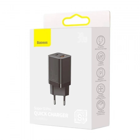 Сетевое зарядное устройство Baseus Super Si Pro Quick Charger USB + Type-C C+U 30W EU Черный (CCSUPP-E01)