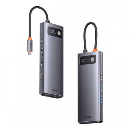 Хаб Baseus Metal Gleam Series 9-in-1 Multifunctional Type-C HUB Docking Station (Type-C - HDMI*2+USB3.0*2+USB2.0*1+PD*1+SD/TF*1+RJ45*1) Серый (WKWG060013)
