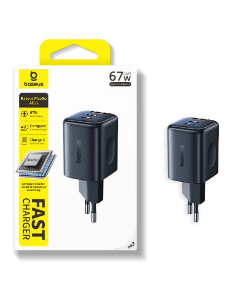 Сетевое зарядное устройство Baseus PicoGo AE11 Fast Charger 2C+U 67W EU Чёрный (E0121200)