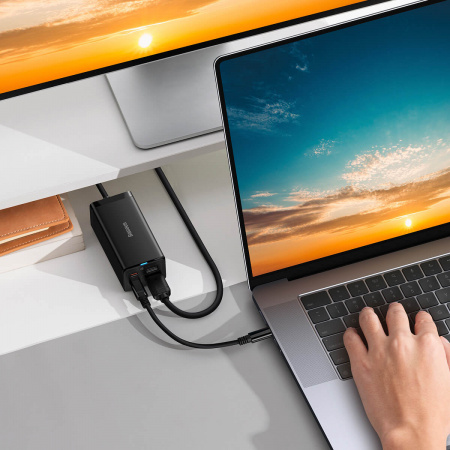 Сетевое зарядное устройство Baseus GaN5 Pro Desktop Fast Charger 1U+2C+HDMI 67W with 1.5m power cord EU с кабелем Type-C - Type-C 100W (20V/5A) 1m (CCGP110201) Черное