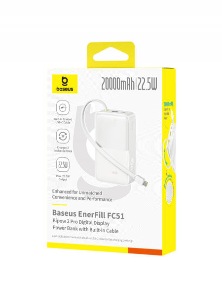 Повербанк Baseus EnerFill FC51 Bipow2 Pro Digital Display со встроенным кабеле 20000mAh 22.5W Белый (E0027700)