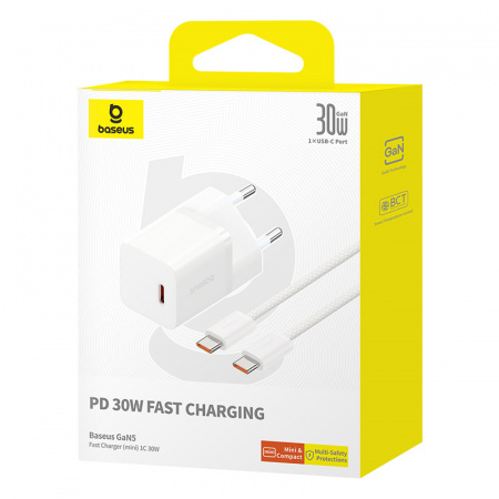 Сетевое зарядное устройство Baseus GaN5 (mini) 1C 30W + Кабель USB-C - USB-C Белый (P10110902213-00)