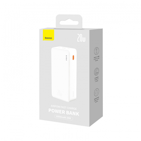 Внешний аккумулятор CN-Baseus Airpow Fast Charge Power Bank 30000mAh 20W с кабелем USB - Type-C 3A 0.3m (PPQD010502) Белый