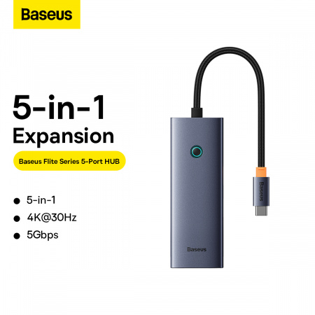 Хаб OS-Baseus Flite Series 5-Port HUB Docking Station (Type-C - HDMI4K@30Hz*1+USB 3.0*4) Серый (B00052809813-00)
