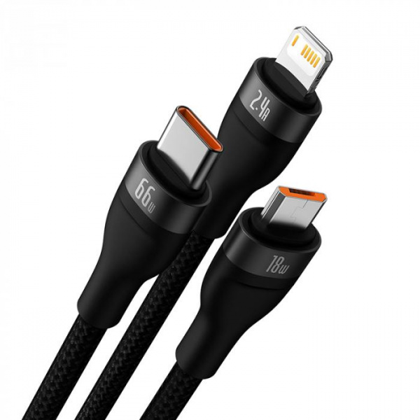 Кабель Baseus Flash Series 2 One-for-three Fast Charging Data Cable USB - M+L+C 66W 1.2m (CASS040001) Черный