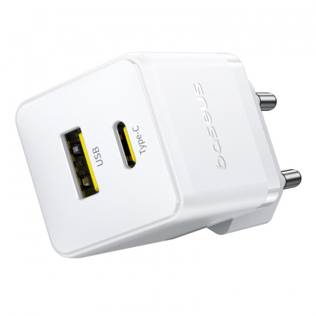 Сетевое зарядное устройство Baseus Palm Fast Charger C+U 20W EU (кабель в комплекте USB-C - USB-C 60W (20V/3A) 1м) Балый (P10111608213-01)