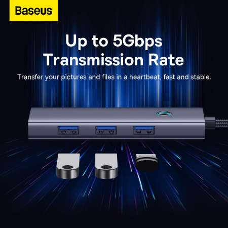 Хаб OS-Baseus Flite Series 4-Port HUB (Type-C - USB3.0*4) Серый (B0005280A813-03)