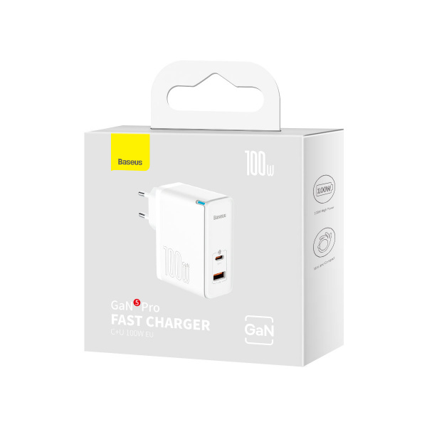 Сетевое зарядное устройство Baseus GaN5 Pro Fast Charger C+U 100W EU с кабелем Type-C - Type-C 100W(20V/5A) 1m Белый (CCGP090202)