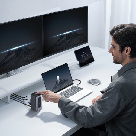 Док-станция 12-в-1 Baseus NU1 Air Spacemate  (USB-C to 2*HDMI 4K@60Hz+2*USB-C (10Gbps)+2*USB-A (5Gbps)+2*USB-A (480Mbps)+1*RJ45+SD/TF 3.0+1*USB-C (PD) Серый (B00568103813-00)