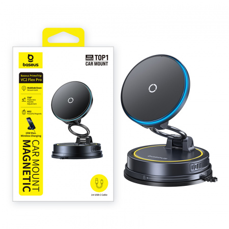 Автомобильный магнитный держатель с беспроводной зарядкой Baseus PrimeTrip VC2 Flex Pro Magnetic Wireless Car Charger Mount Suction Cup Version Чёрный (C0013F01)