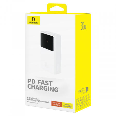 Внешний аккумулятор OS-Baseus Star-Lord Digital Display Fast Charging Power Bank 10000mAh 30W с кабелем USB - Type-C 3A 0.3m (P10022907213-00) Белый