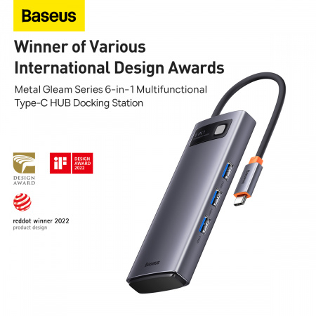 Хаб Baseus Metal Gleam Series 6-in-1 Multifunctional Type-C HUB Docking Station (Type-C - USB3.0*3+PD*1+SD/TF*1) Серый (WKWG030213)