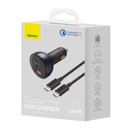 Автомобильная зарядка Baseus Qualcomm Quick Charge 5 Multi-Port Fast Charge C+C+U 160W Gray (TZCCZM-0G) + кабель Type-C-Type-C 100W(20V/5A) 1m Черный