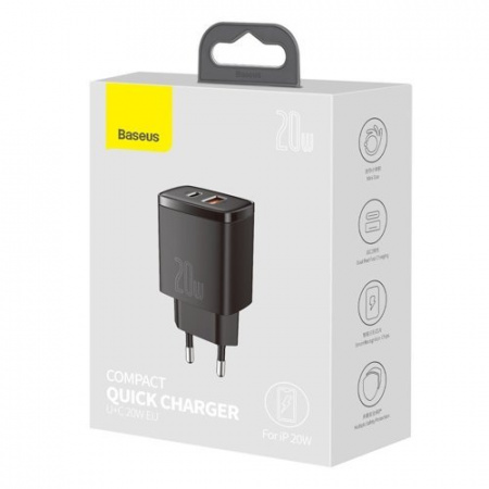 Сетевое зарядное устройство Baseus Compact Quick Charger U+C 20W EU Чёрный (CCXJ-B01)