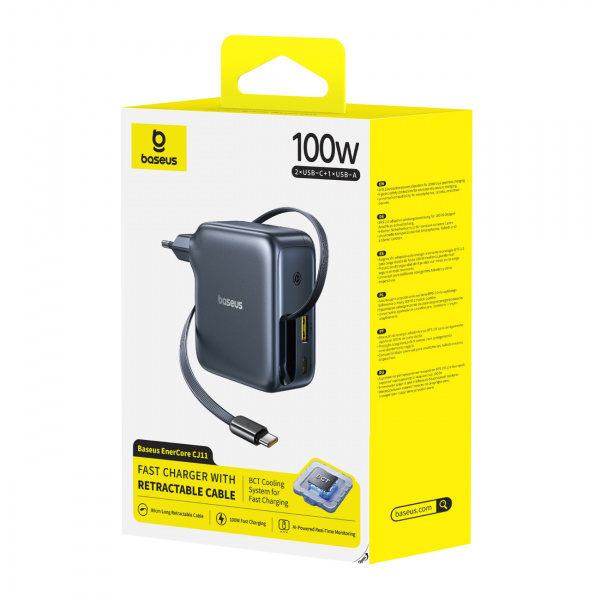 Сетевое зарядное устройство Baseus EnerCore CJ11 Fast Charger with Retractable Cable 2C+U 100W EU Чёрный (E0120M00)
