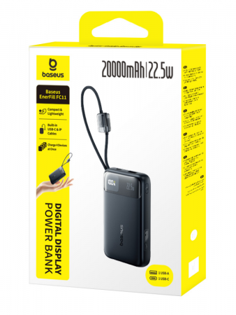 Повербанк Baseus EnerFill FC11 Digital Display с двумя встроенными кабелями 20000mAh 22.5W Чёрный (E0027S04)