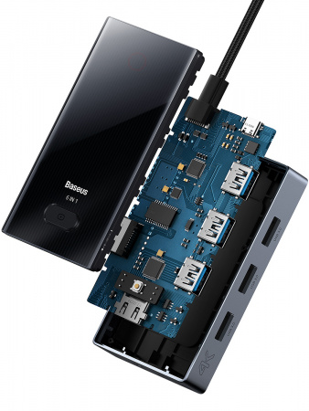 Хаб Baseus PioneerJoy 6-Port Type-C HUB Adapter (Type-C - HDMI4K@60Hz*1+USB3.0*3+PD*1+RJ45*1) Серый (WKYY030213)
