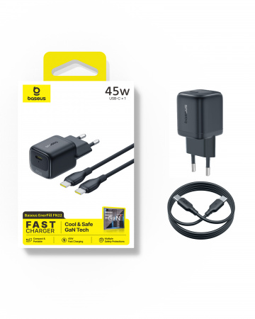 Сетевое зарядное устройство Baseus EnerFill FN22 Fast Charger 1C 45W EU (кабель в комплекте USB-C - USB-C 100W 1м) Чёрный (E0123306)