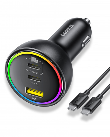 Автомобильное зарядное устройство Baseus Multi-Port Fast Charge Car Charger 2xType-C+USB 152.5W (кабель Type-C - Type-C 100W (20V/5A) 1м в комплекте) Чёрное (C00036101111-00)   Автомобильное зарядное устройство Baseus Multi-Port Fast Charge Car Charger 2xType-C+USB 152.5W (кабель Type-C - Type-C 100W (20V/5A) 1м в комплекте) Чёрное (C00036101111-00)