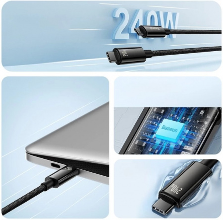 Кабель Baseus Tungsten Gold Fast Charging Data Cable Type-C - Type-C 240W 1м Черный CAWJ040001