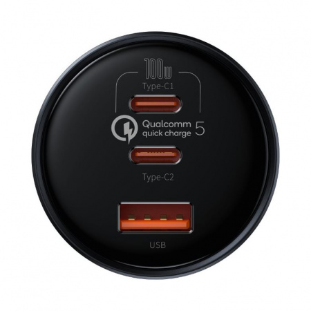 Автомобильная зарядка Baseus Qualcomm Quick Charge 5 Multi-Port Fast Charge C+C+U 160W Gray (TZCCZM-0G) + кабель Type-C-Type-C 100W(20V/5A) 1m Черный