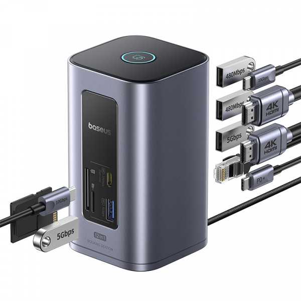 Док-станция 12-в-1 Baseus NU1 Air Spacemate  (USB-C to 2*HDMI 4K@60Hz+2*USB-C (10Gbps)+2*USB-A (5Gbps)+2*USB-A (480Mbps)+1*RJ45+SD/TF 3.0+1*USB-C (PD) Серый (B00568103813-00)