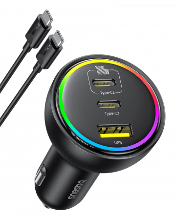 Автомобильное зарядное устройство Baseus Multi-Port Fast Charge Car Charger 2xType-C+USB 152.5W (кабель Type-C - Type-C 100W (20V/5A) 1м в комплекте) Чёрное (C00036101111-00)   Автомобильное зарядное устройство Baseus Multi-Port Fast Charge Car Charger 2xType-C+USB 152.5W (кабель Type-C - Type-C 100W (20V/5A) 1м в комплекте) Чёрное (C00036101111-00)