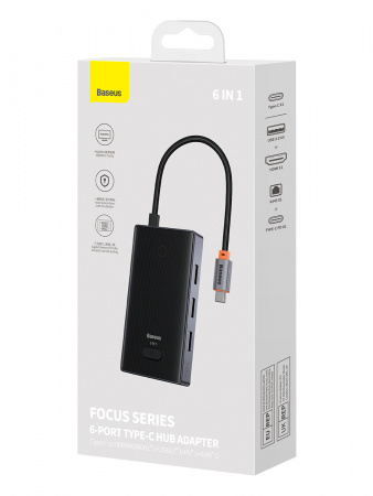 Хаб Baseus PioneerJoy 6-Port Type-C HUB Adapter (Type-C - HDMI4K@60Hz*1+USB3.0*3+PD*1+RJ45*1) Серый (WKYY030213)