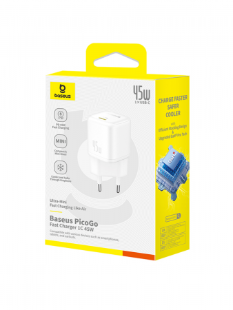Сетевое зарядное устройство OS-Baseus PicoGo GaN Fast Charger 1C 45W EU Белый (P10176800213-00)