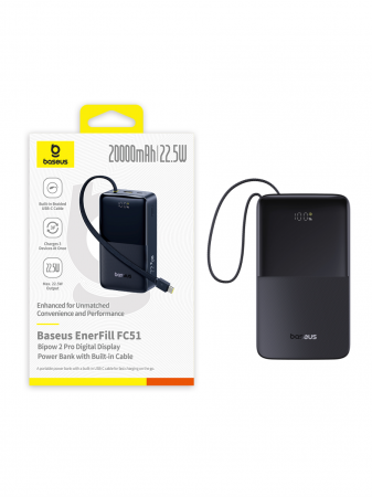 Повербанк Baseus EnerFill FC51 Bipow2 Pro Digital Display со встроенным кабеле 20000mAh 22.5W Чёрный (E0027701)