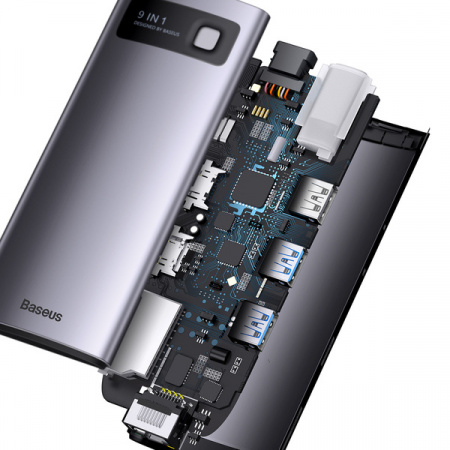 Хаб Baseus Metal Gleam Series 9-in-1 Multifunctional Type-C HUB Docking Station (Type-C - HDMI*2+USB3.0*2+USB2.0*1+PD*1+SD/TF*1+RJ45*1) Серый (WKWG060013)