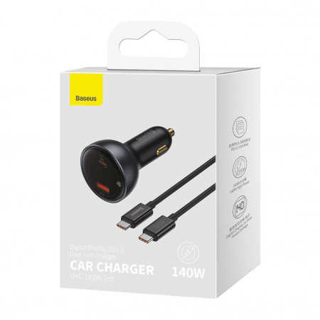 Автомобильное зарядное устройство Baseus Digital Display PD3.1 Dual Fast Charger Car Charger U+C 140W Set Obsidian с кабелем Type-C - Type-C 240W (48V/5A) 1m Черное (CGZX070001)