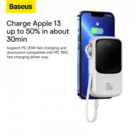 Внешний аккумулятор BASEUS Qpow Pro Digital Display Fast Charge 20W iP Edition, 3A, 10000 мА⋅ч, белый, с кабелем Type-C (PPQD020002)