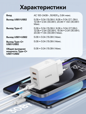 Сетевое зарядное устройство OS-Baseus Cube Fast Charger 2U+C 30W EU Белый (P10111402213-00) 