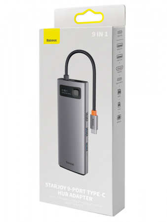 Хаб Baseus Metal Gleam Series 9-in-1 Multifunctional Type-C HUB Docking Station (Type-C - HDMI*2+USB3.0*2+USB2.0*1+PD*1+SD/TF*1+RJ45*1) Серый (WKWG060013)