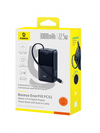 Повербанк Baseus EnerFill FC51 Bipow 2 Pro Digital Display с встроенным кабелем 30000mAh 22.5W Чёрный (E0028100)
