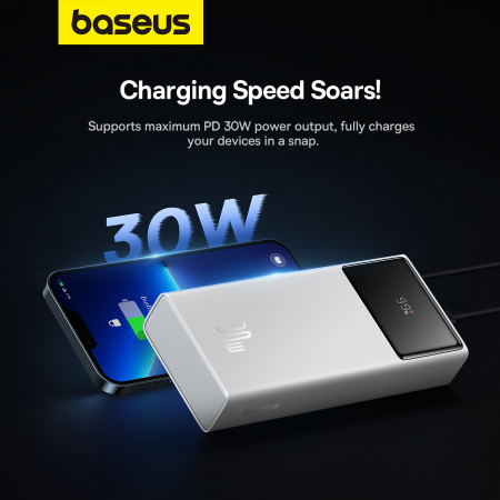 Внешний аккумулятор OS-Baseus Star-Lord Digital Display Fast Charging Power Bank 20000mAh 30W с кабелем USB - Type-C 3A 0.3m (P10022904213-00) Белый